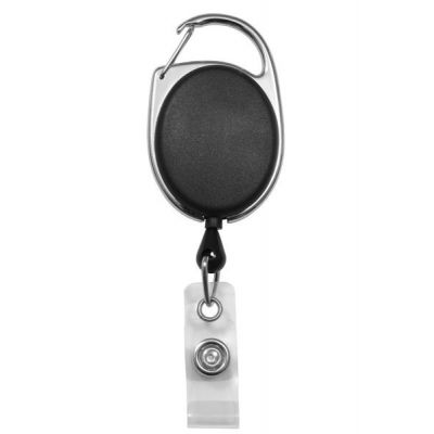 Black Carabiner Badge Reel with a Clear Strap Attachment