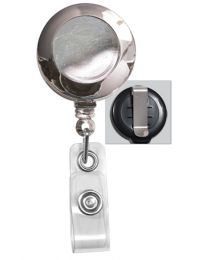 Chrome Badge Reel with a Clear Strap and Belt Clip Attachment