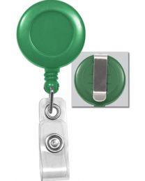 Green Badge Reel with a Clear Strap and Belt Clip Attachment