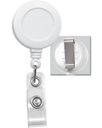 White Badge Reel with a Clear Strap and Belt Clip Attachment