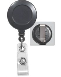 Gray Badge Reel with a Clear Strap and Belt Clip Attachment