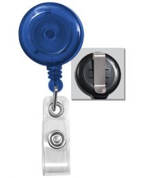 Translucent Blue Badge Reel with a Clear Strap and Belt Clip Attachment