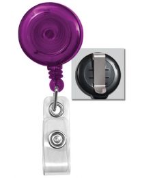 Translucent Purple Badge Reel with a Clear Strap and Belt Clip Attachment