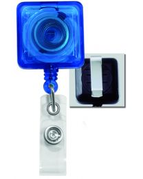 Translucent Blue Square Badge Reel with a Clear Strap and Belt Clip Attachment