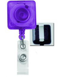 Translucent Purple Square Badge Reel with a Clear Strap and Belt Clip Attachment