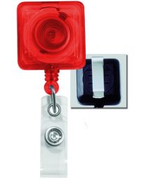 Translucent Red Square Badge Reel with a Clear Strap and Belt Clip Attachment