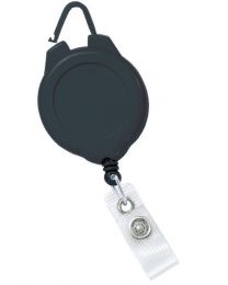 Black Sports Badge Reel with a Flexible Hook and Clear Strap Attachment