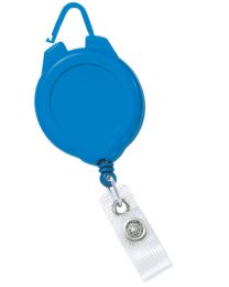 Blue Sports Badge Reel with a Flexible Hook and Clear Strap Attachment