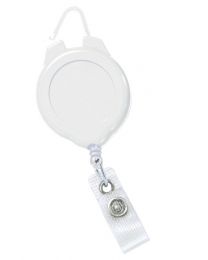 White Sports Badge Reel with a Flexible Hook and Clear Strap Attachment