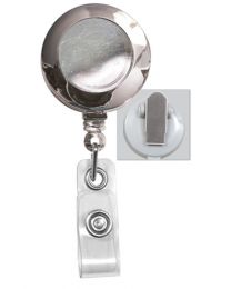 Chrome Badge Reel with a Clear Strap and Spring Clip Attachment