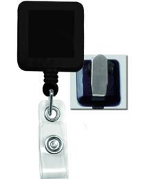 Black Square Badge Reel with a Clear Strap and Spring Clip Attachment