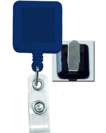 Blue Square Badge Reel with a Clear Strap and Spring Clip Attachment