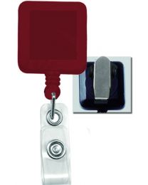 Red Square Badge Reel with a Clear Strap and Spring Clip Attachment