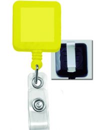 Yellow Square Badge Reel with a Clear Strap and Spring Clip Attachment