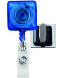 Translucent Blue Square Badge Reel with a Clear Strap and Spring Clip Attachment