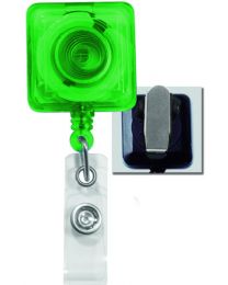 Translucent Green Square Badge Reel with a Clear Strap and Spring Clip Attachment