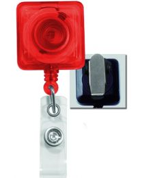 Translucent Red Square Badge Reel with a Clear Strap and Spring Clip Attachment