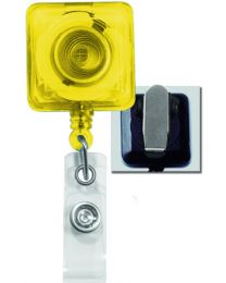 Translucent Yellow Square Badge Reel with a Clear Strap and Spring Clip Attachment