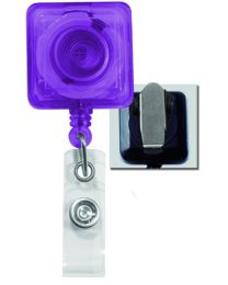 Translucent Purple Square Badge Reel with a Clear Strap and Spring Clip Attachment