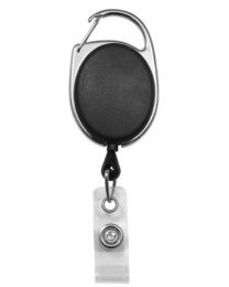 Black Carabiner Badge Reel with a Clear Strap Attachment