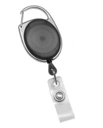 Translucent Black Carabiner Badge Reel with a Clear Strap Attachment