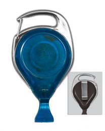 Translucent Blue No-Twist Carabiner Badge Reel with a Card Clip and Belt Clip Attachment