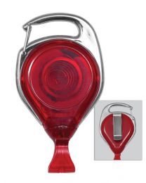 Translucent Red No-Twist Carabiner Badge Reel with a Card Clip and Belt Clip Attachment