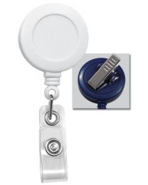 White Badge Reel with a Clear Strap and Swivel Spring Clip Attachment