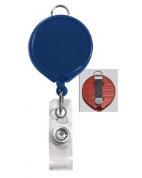 Blue Badge Reel with a Clear Strap and Belt Clip Attachment