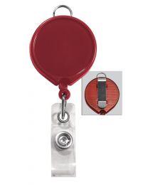 Red Badge Reel with a Clear Strap and Belt Clip Attachment