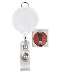 White Badge Reel with a Clear Strap and Belt Clip Attachment