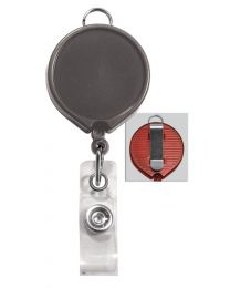 Gray Badge Reel with a Clear Strap and Belt Clip Attachment