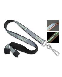 Black 5/8" Reflective Lanyard with a "Safety First" Luminescent Imprint and Metal Swivel Hook