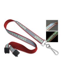 Red 5/8" Reflective Lanyard with a "Safety First" Luminescent Imprint and Metal Swivel Hook
