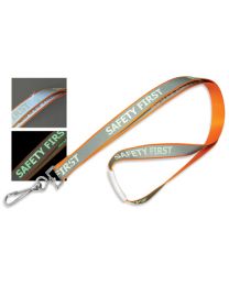 Orange 5/8" Reflective Lanyard with a "Safety First" Luminescent Imprint and Metal Swivel Hook