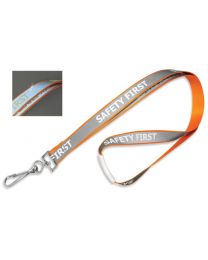 Orange 5/8" Reflective Lanyard with a "Safety First" Imprint and Metal Swivel Hook