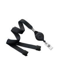 Black 5/8" Flat Tubular Lanyard with a Breakaway and Slotted "Quick-Lock" Reel and Clear Vinyl Strap