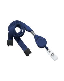 Navy Blue 5/8" Flat Tubular Lanyard with a Breakaway and Slotted Reel and Clear Vinyl Strap