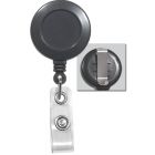 Gray Badge Reel with a Clear Strap and Belt Clip Attachment