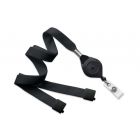 Black 5/8" Flat Tubular Lanyard with a Breakaway and Slotted "Quick-Lock" Reel and Clear Vinyl Strap